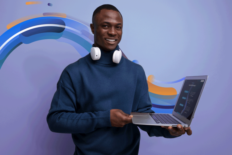 smiling man in a blue turtleneck sweater with white headphones around his neck holding an open laptop displaying a dark themed interface against a light purple background with colorful abstract swooshes